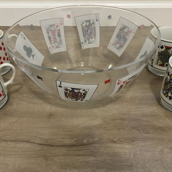 Vintage Playing Card Punch Bowl Set 4 Mugs Pedestal King Queen Jack Clubs Hearts - Picture 4 of 12